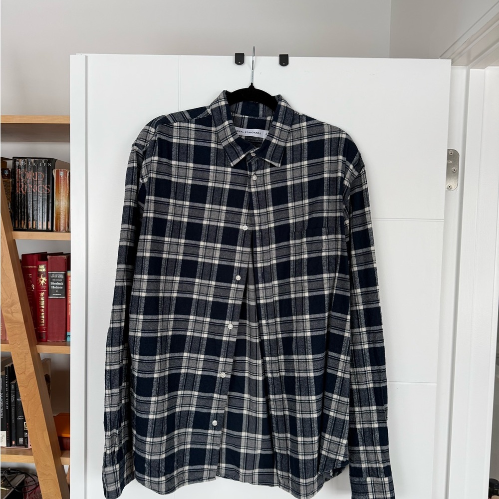 Men's Navy and White Plaid Button-Up Shirt - National Standards XL